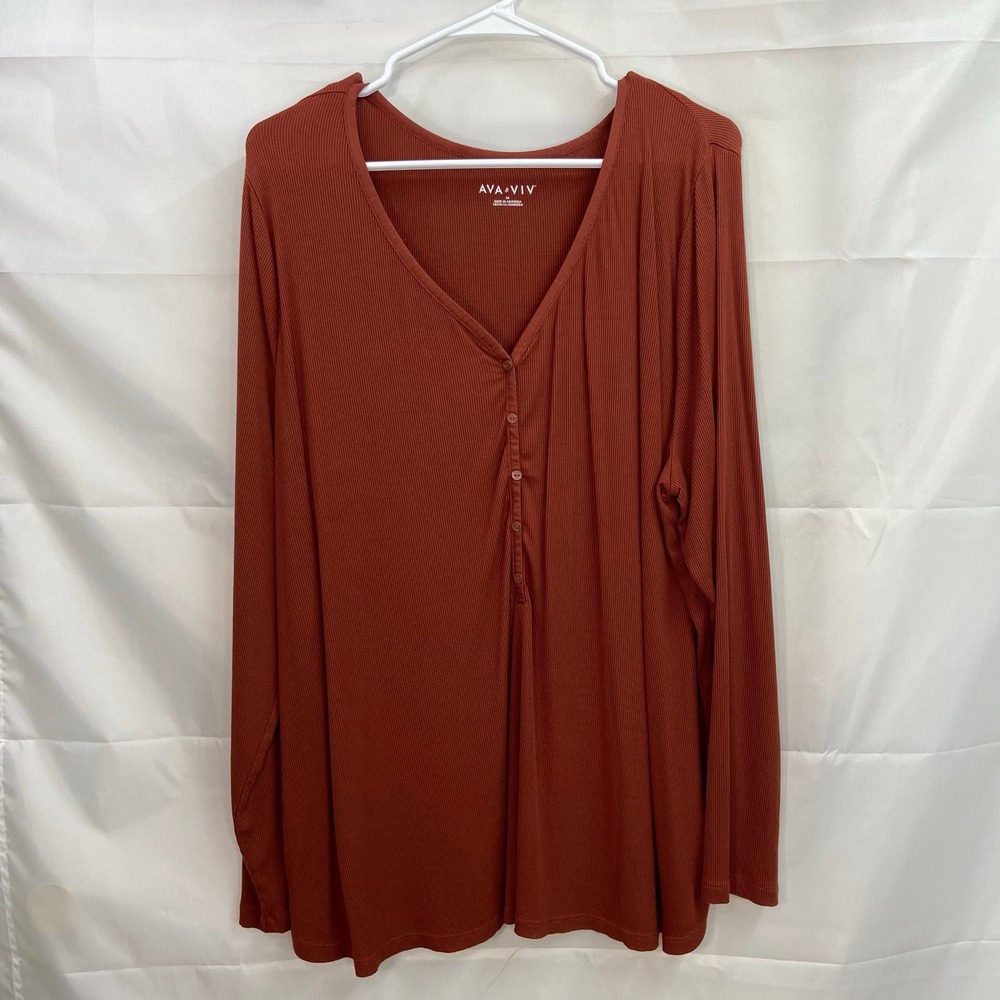 Ava & Viv women's burnt‎ orange stretch ribbed button v-neck casual shirt 3X
